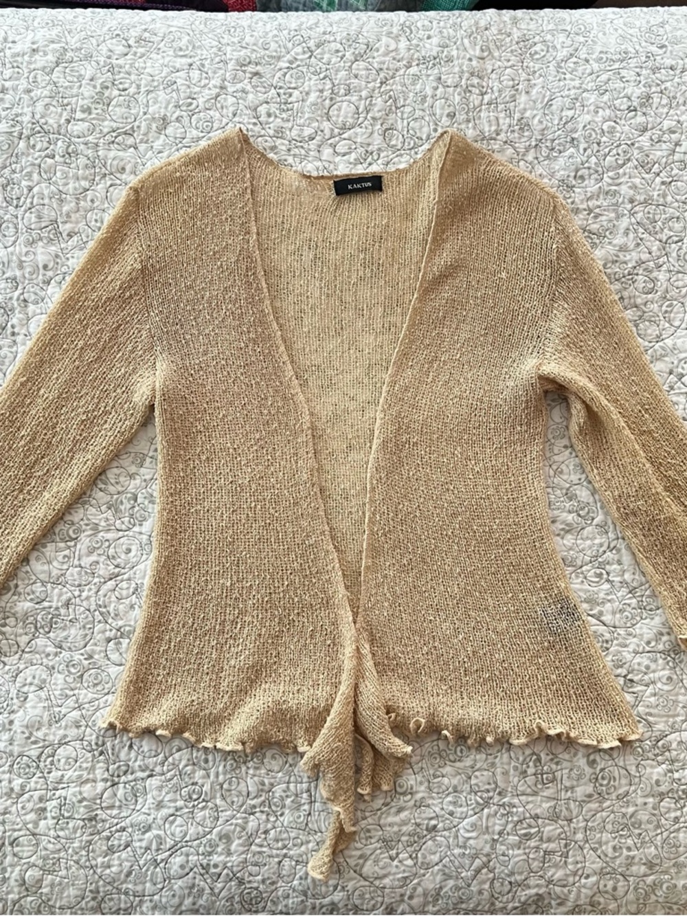 Kaktus Tan Tie-Front Open Lightweight Cardigan Scalloped Hem Cabincore Coastal